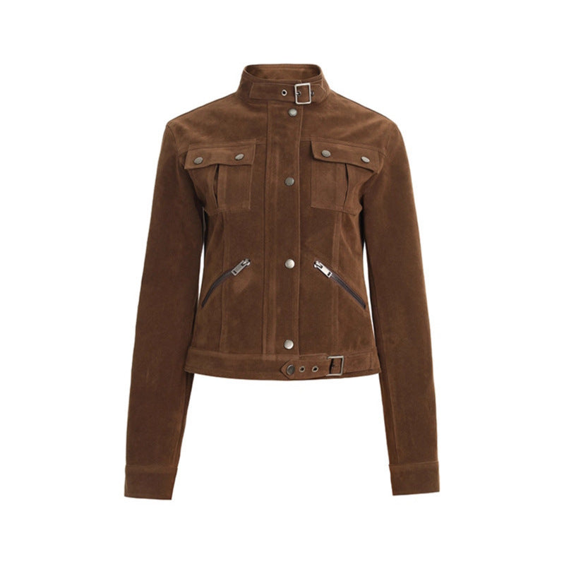 Suede Stand Collar Moto Jacket for Women Slim Fit Shoulder Short Coat