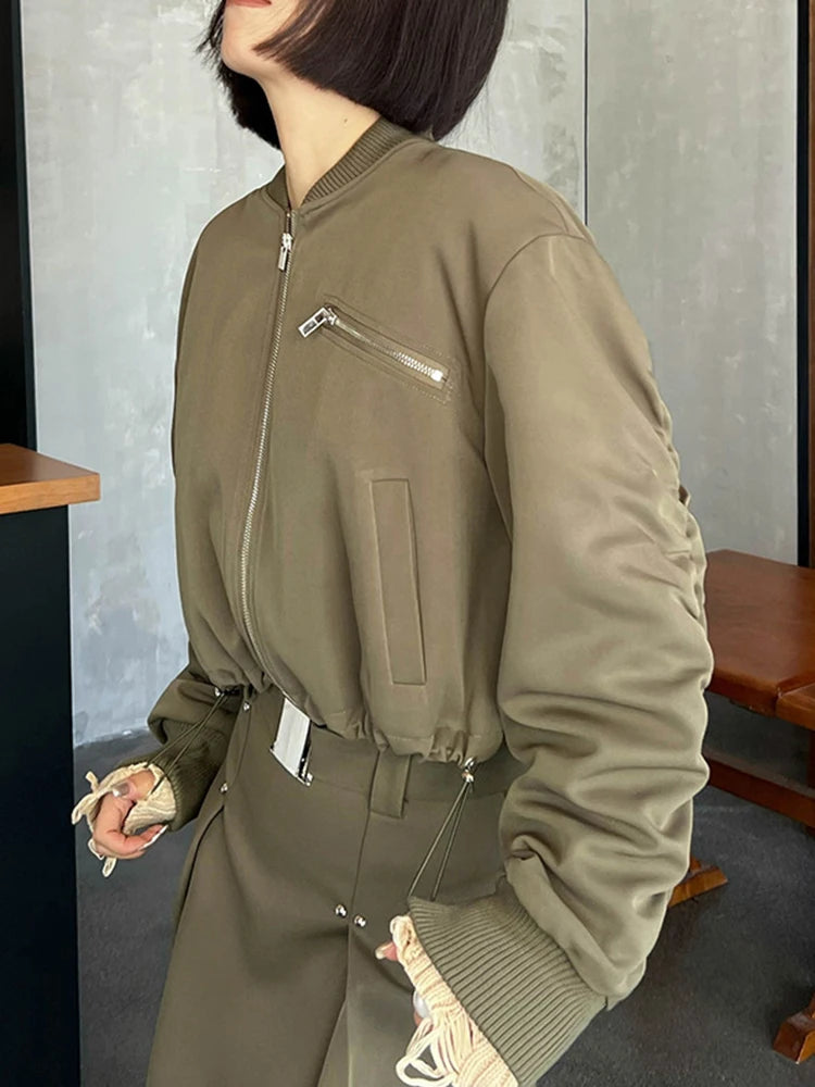 Fashion Women's Jackets Stand Collar Long Sleeves Zipper Shoulder Pad Short Slim Folds Coat Winter