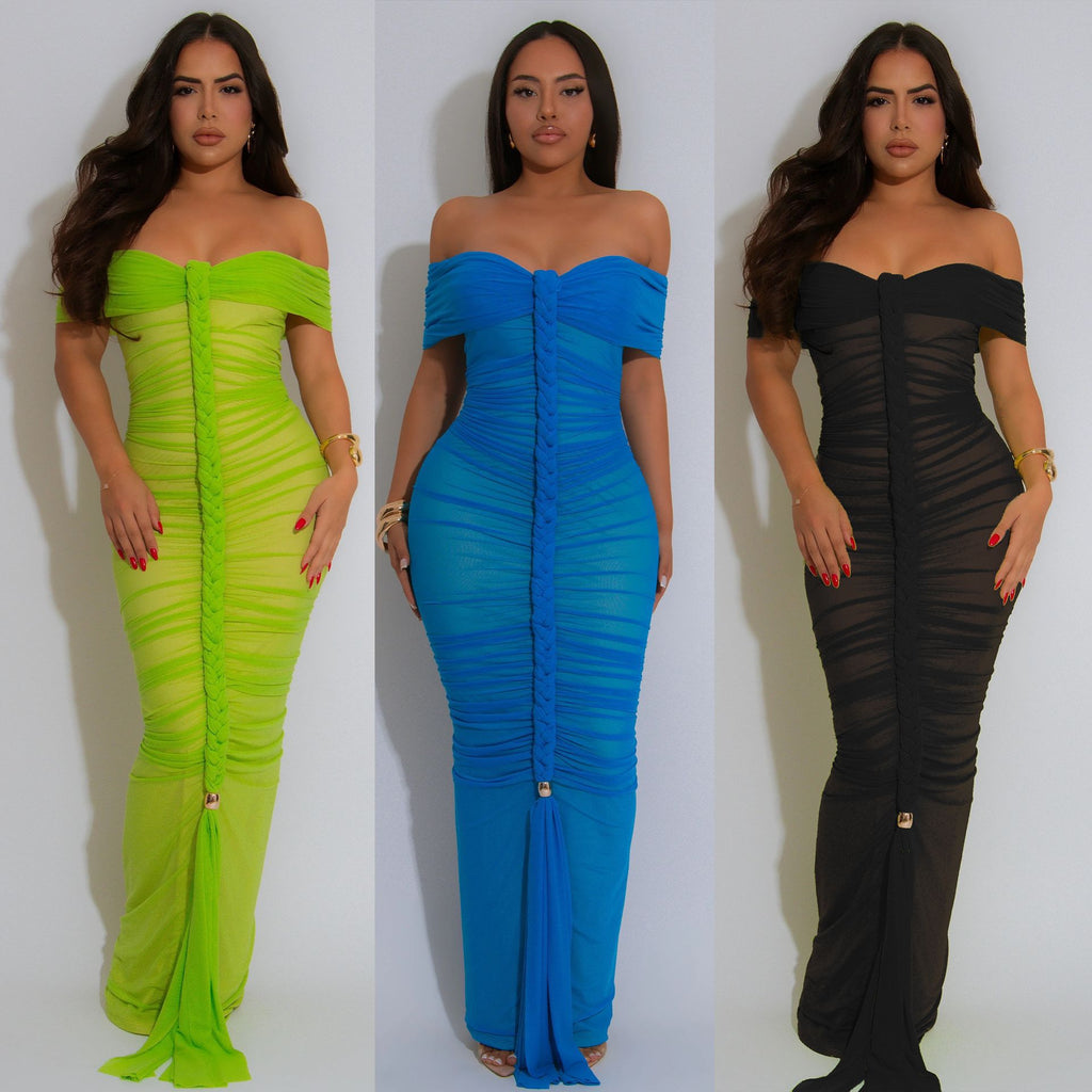 Sheer Mesh Ruched Maxi Dress