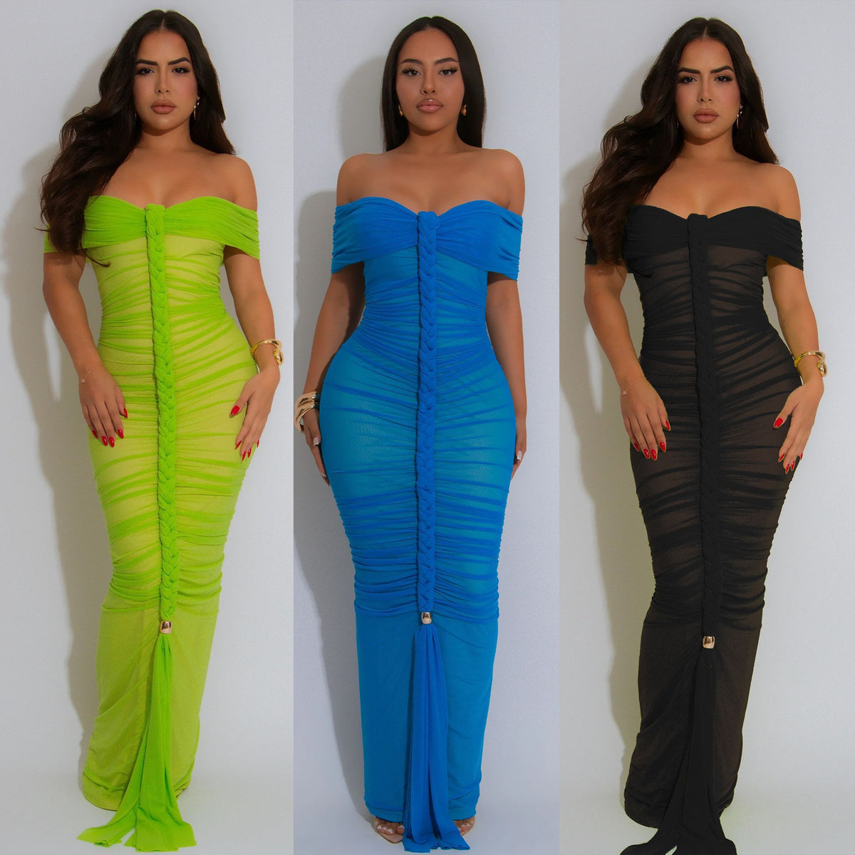 Sheer Mesh Ruched Maxi Dress