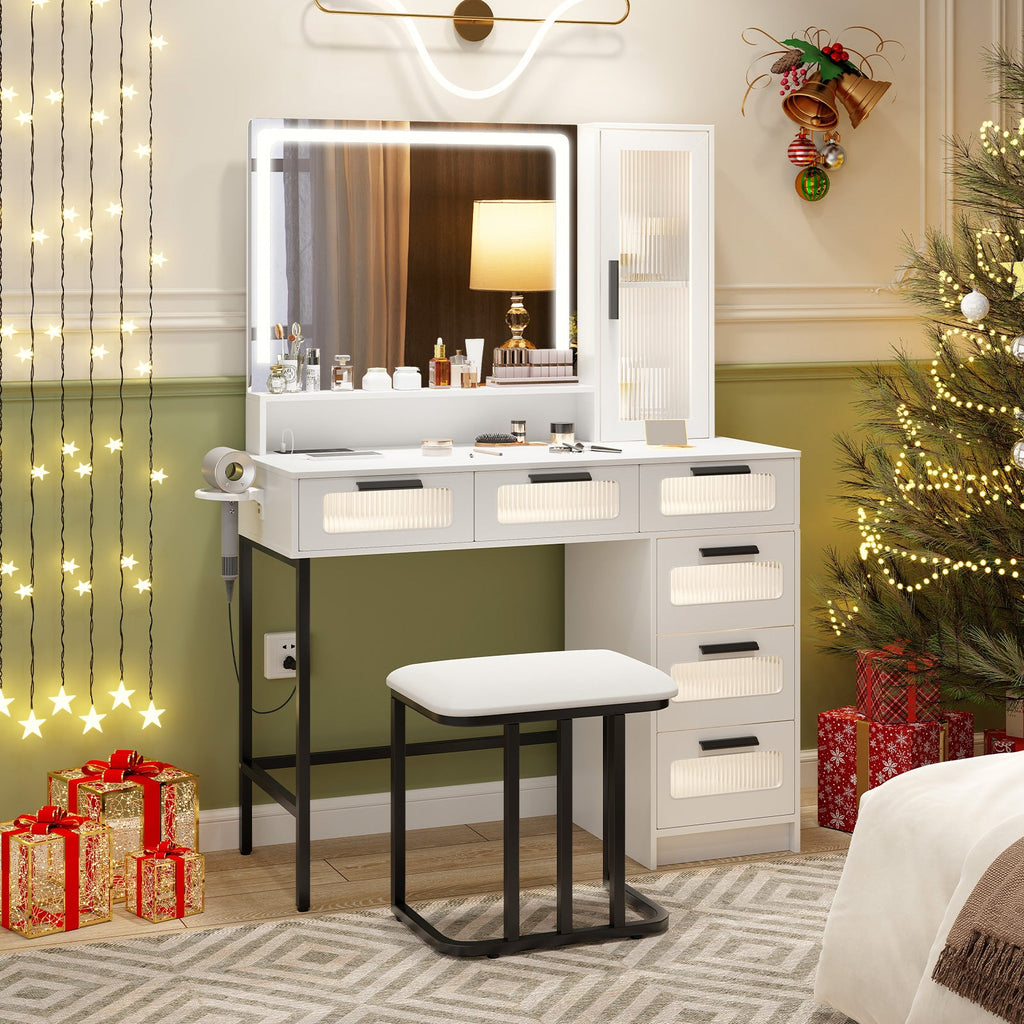 Makeup Vanity Dressing Table and Stool Set with Lights and Charging Station-White