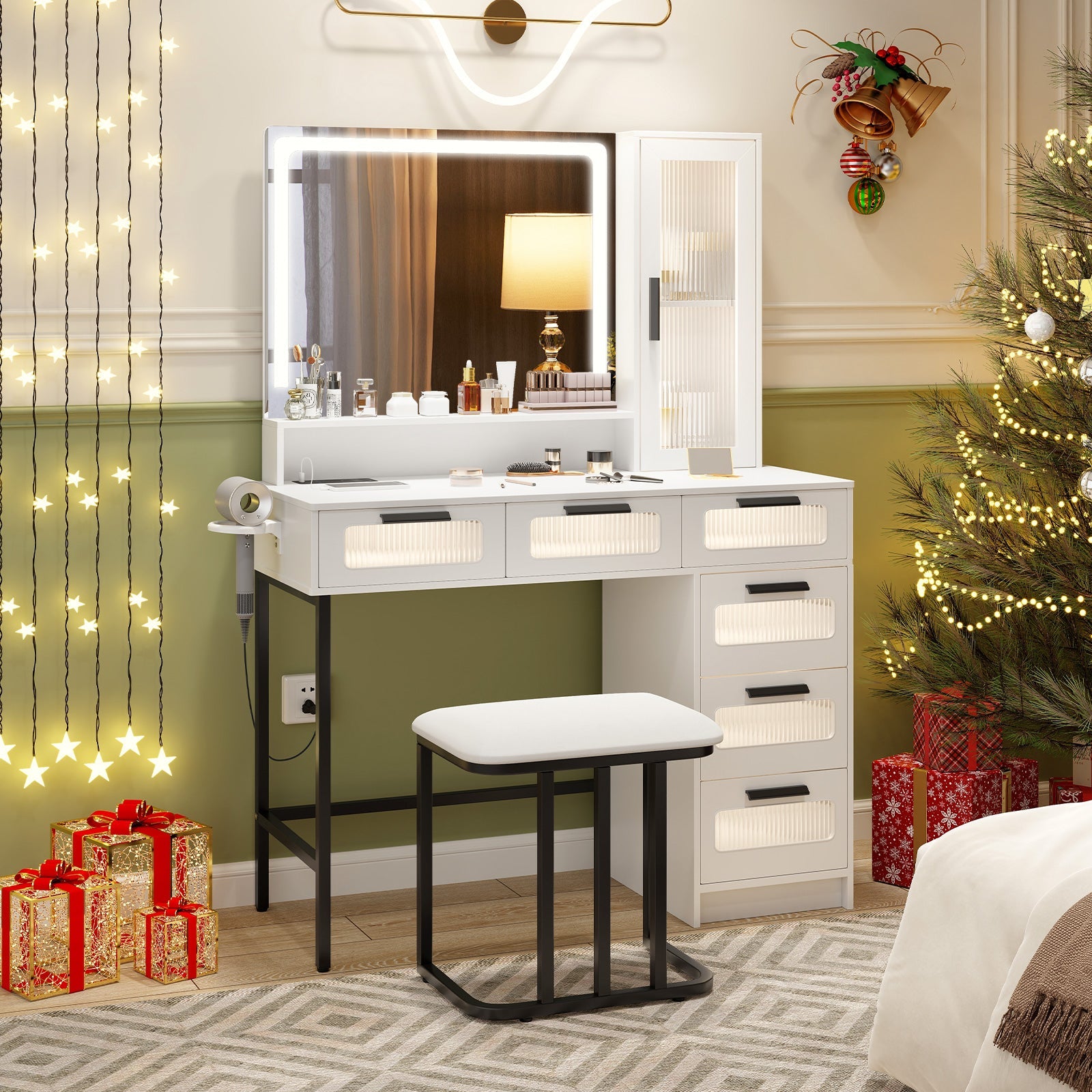 Makeup Vanity Dressing Table and Stool Set with Lights and Charging Station-White