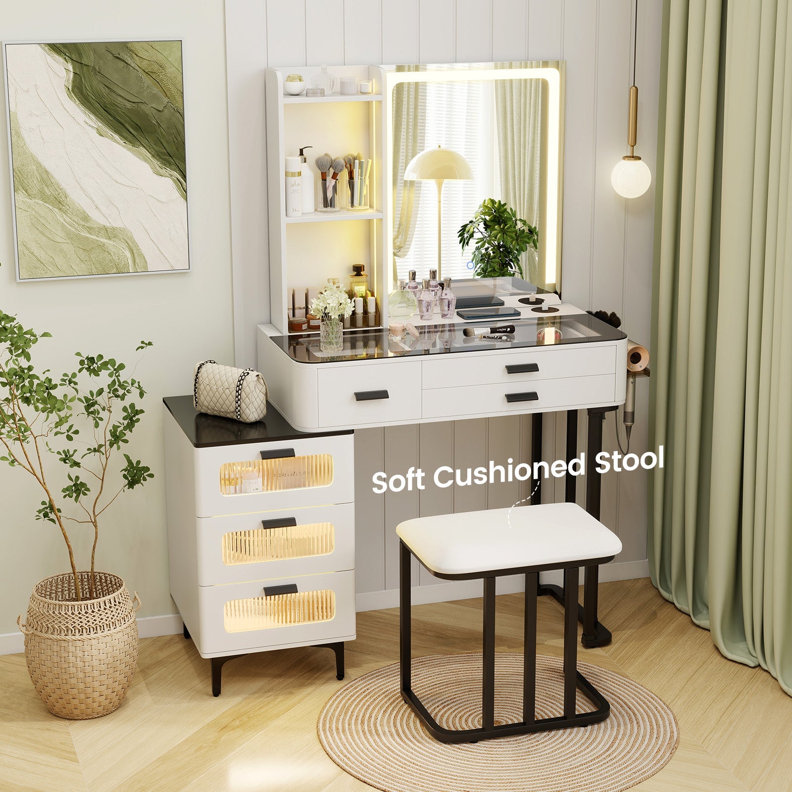 Makeup Vanity Dressing Table and Stool Set with Mirror and 3-Color LED Lights-White