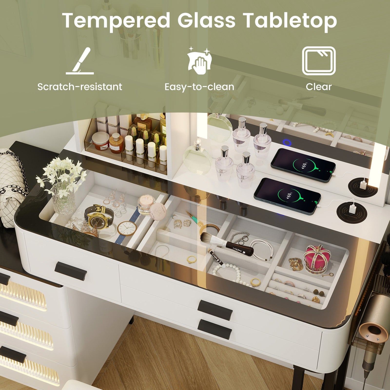 Makeup Vanity Dressing Table and Stool Set with Mirror and 3-Color LED Lights-White