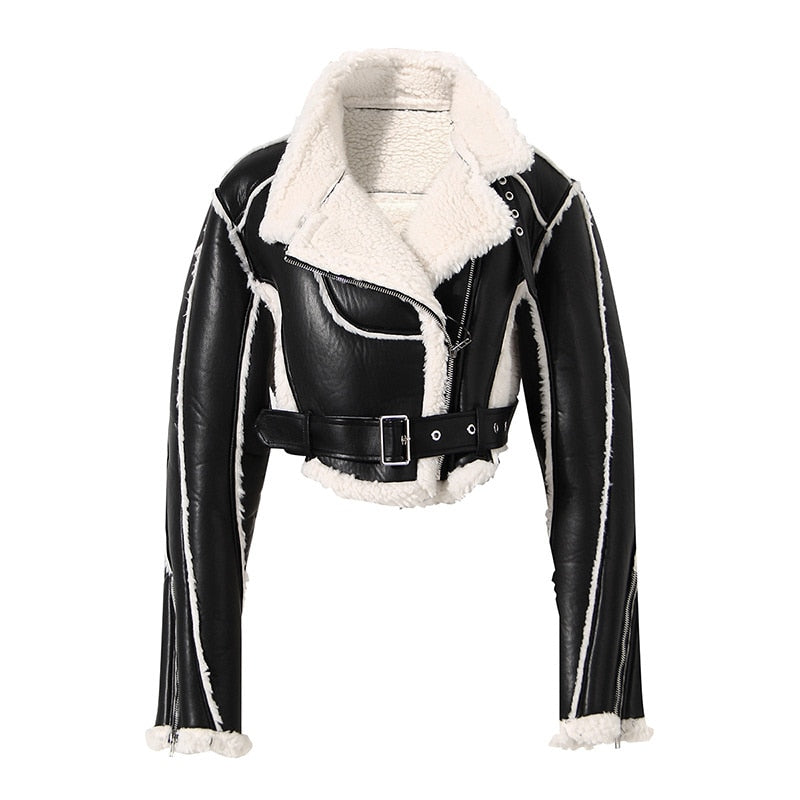 Belted Faux-Fur Moto Jacket