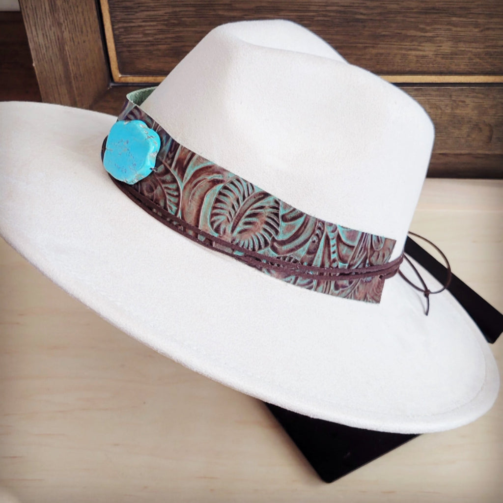 Wide Genuine Leather Brown Floral Hat Band w/ Turq 953q