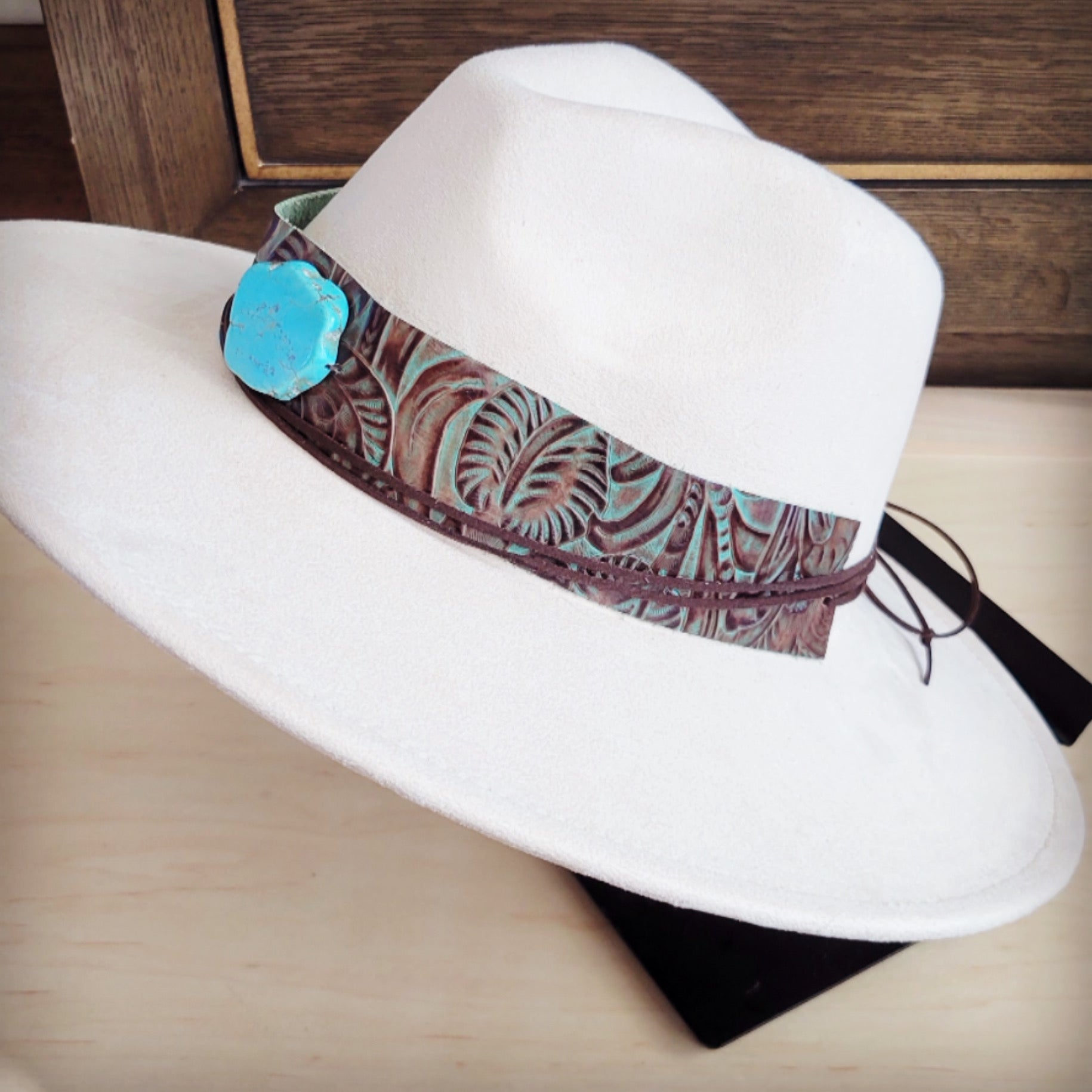 Wide Genuine Leather Brown Floral Hat Band w/ Turq 953q