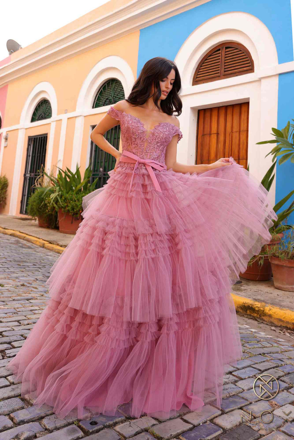 Nox Anabel E1293 Long Off the Shoulder Sweetheart Ruffled Tiered Tulle Gown
