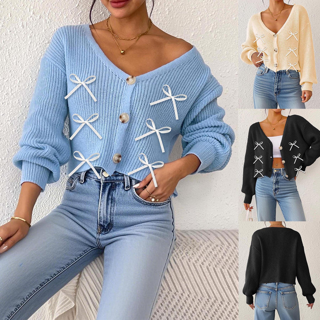 Bow Detail Cropped V-Neck Cardigan