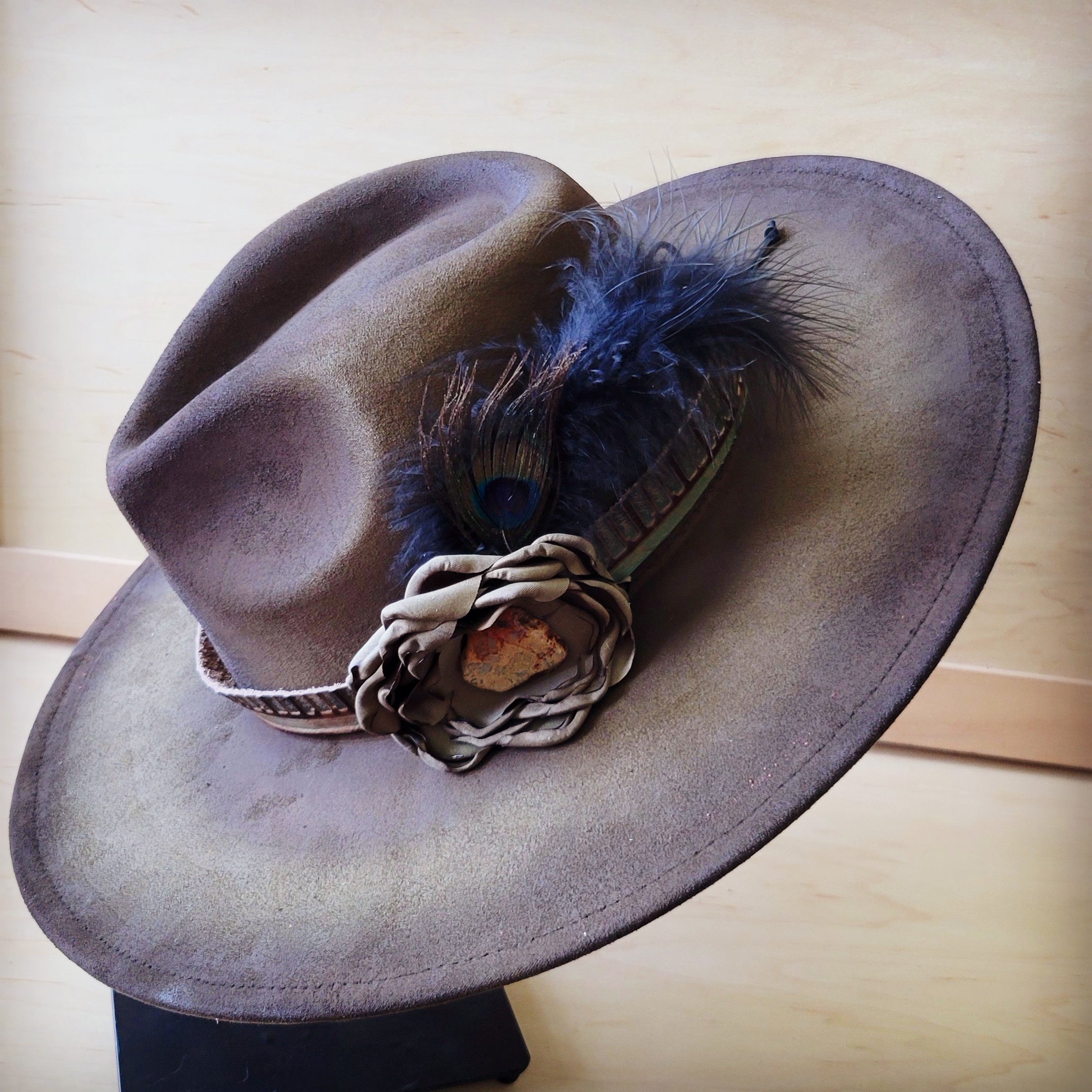Hand-Painted Distressed Boho Western Cowgirl Hat & Band-Olive 987n