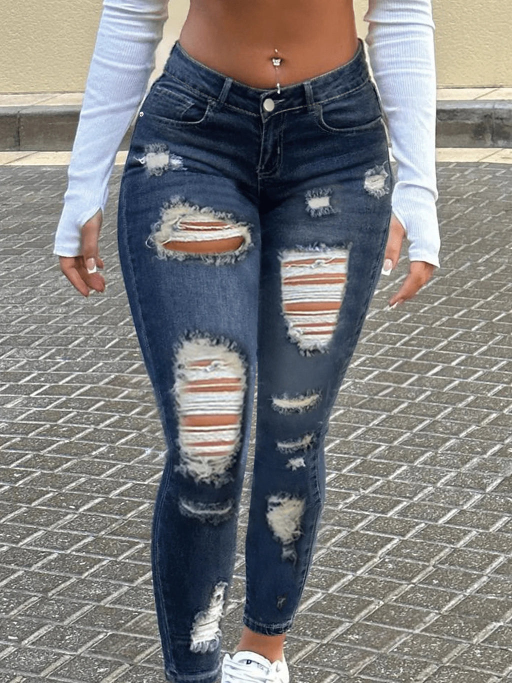 Fitted Stretch Mid-Waist Ripped Skinny Washed Denim Jeans for Women