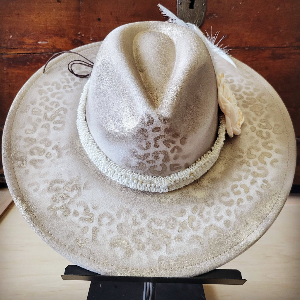 Hand-Painted Leopard Boho Western Cowgirl Hat & Band Gold 987b