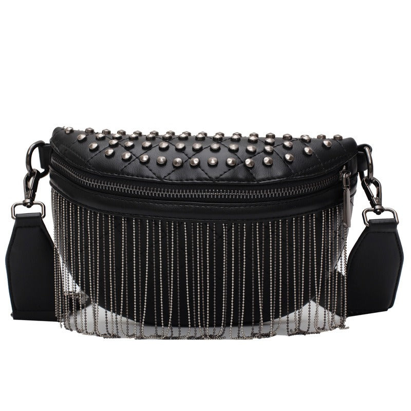 New Cross Body Rivet Casual Shoulder Bag Fashion Korean Wide Shoulder Strap Chest Bag Tassel Women's Bag