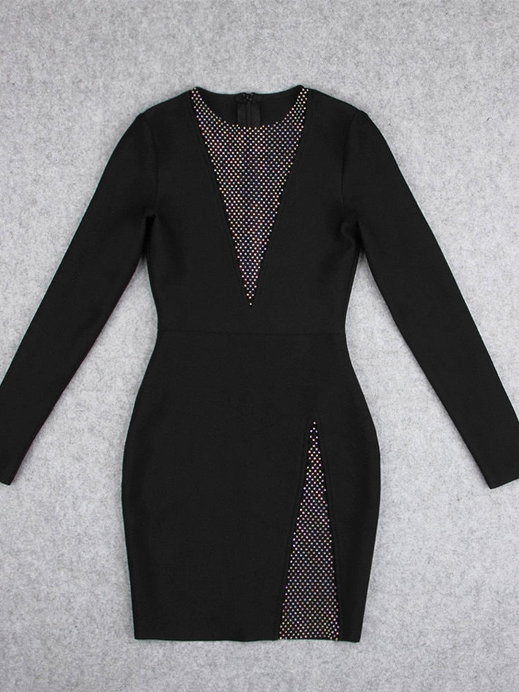Women Winter Sexy Long Sleeve O Neck Mesh Diamonds Black Mini Bodycon Bandage Dress Elegant Evening Party Dress