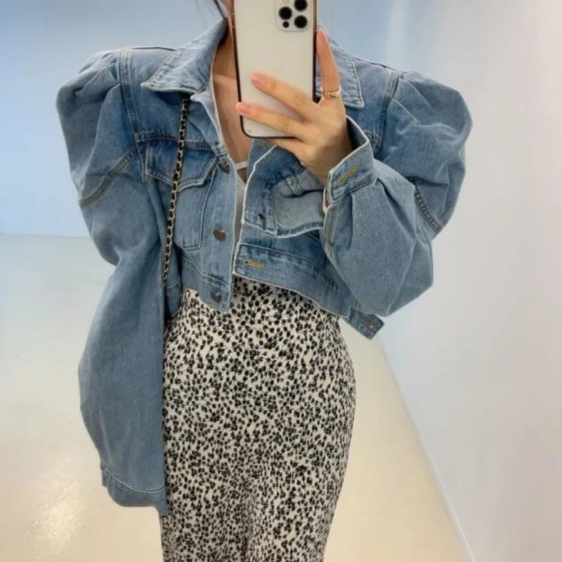 Spring Cardigan Lapel Bubble Sleeve Long Sleeved Single Breasted High Waist Short Denim Coat Women Retro Jean Jacket Shirts