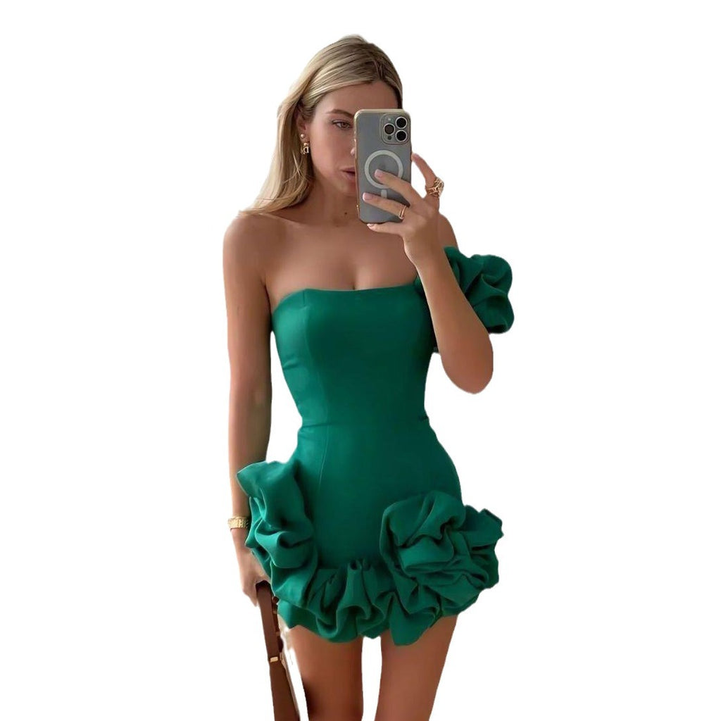 Women's Dress with Ruffled Flower Bud Waist Single Shoulder Halter Pencil Skirt