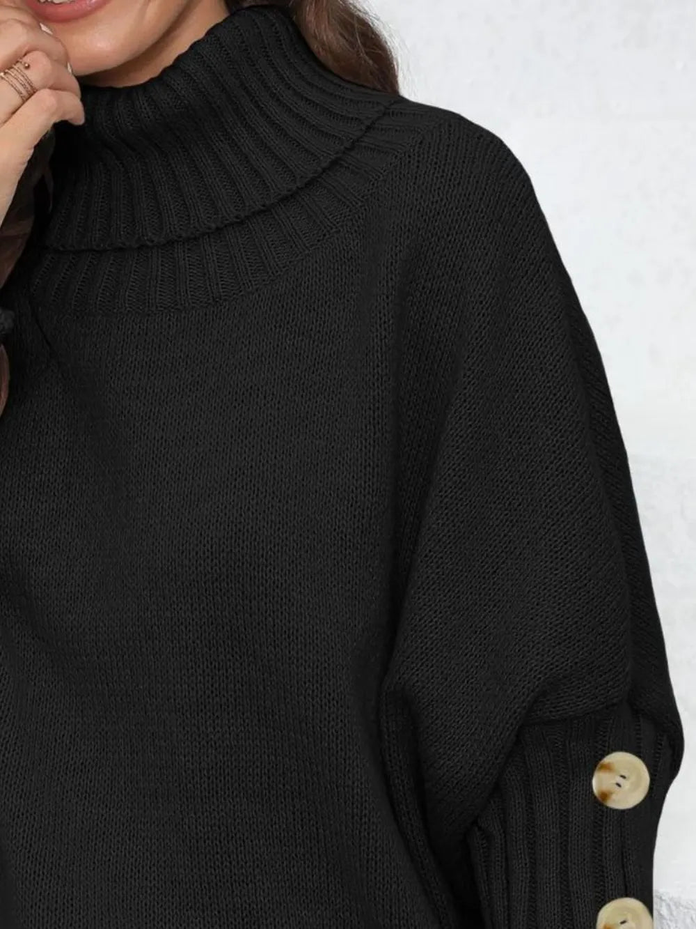 Button-Detail Turtleneck Sweater