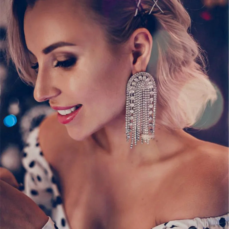 Rhinestone Tassel Statement Dangle Earrings