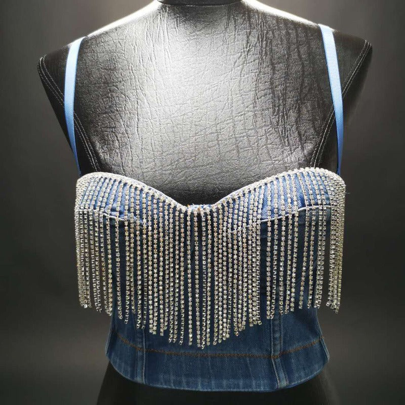 Tassel Rhinestone Washed Denim Camisole | Jean Corset Crop Top