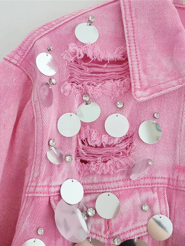 Women's Denim Coat Patchwork Sequins Broken Holes Diamonds Short Single Breasted Jackets  Autumn New Fashion