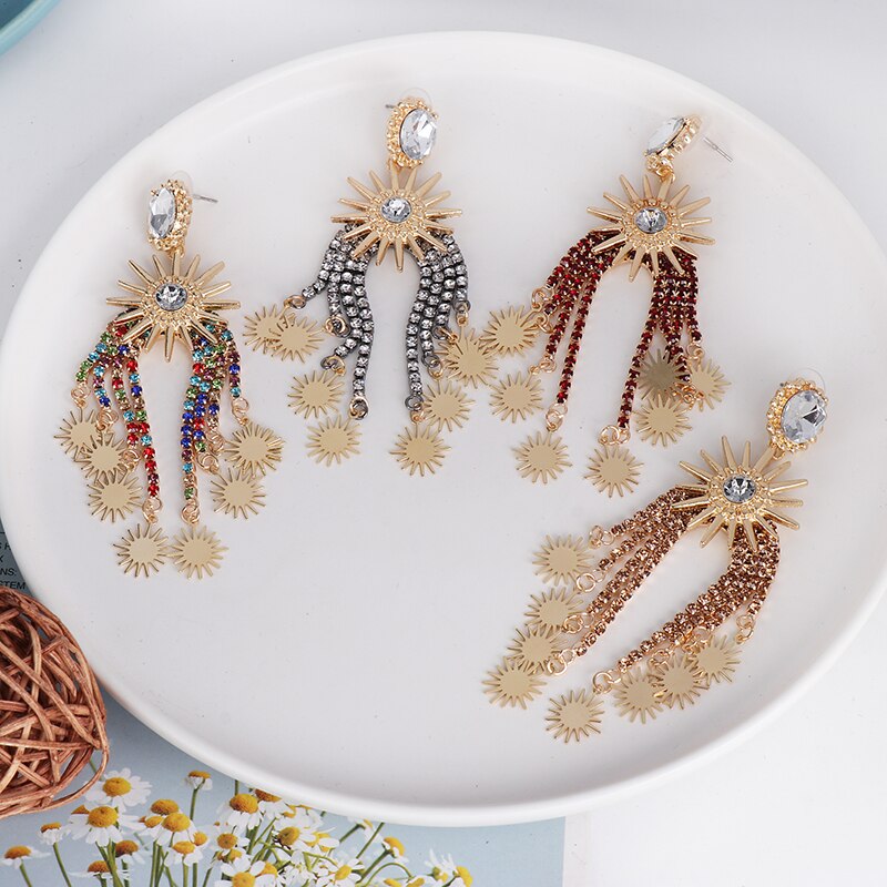 Vintage Ethnic Big Crystal Earring Long Drop Tassel Earrings For Women Wedding Statement Fashion Jewelry Female