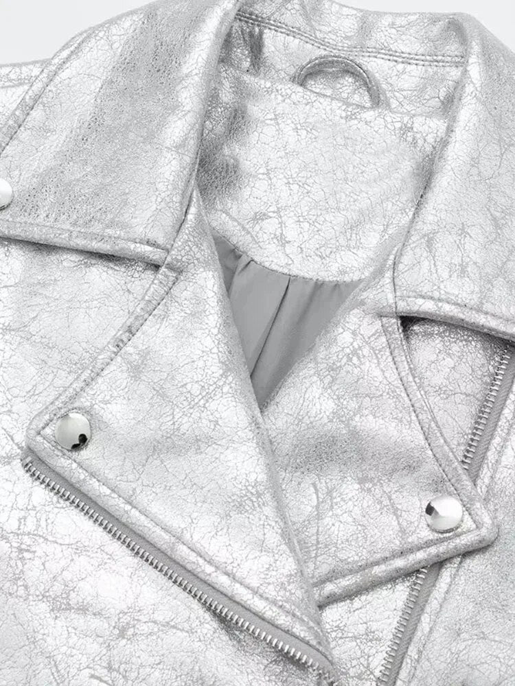 Silver Cropped Faux Leather Bomber Jacket
