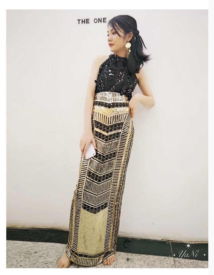 Cakucool Retro Sequined X Long Skirt Vintage Beading Empire Gold Silm Bodycon Runway Bohemian Back Slit Pencil Skirt