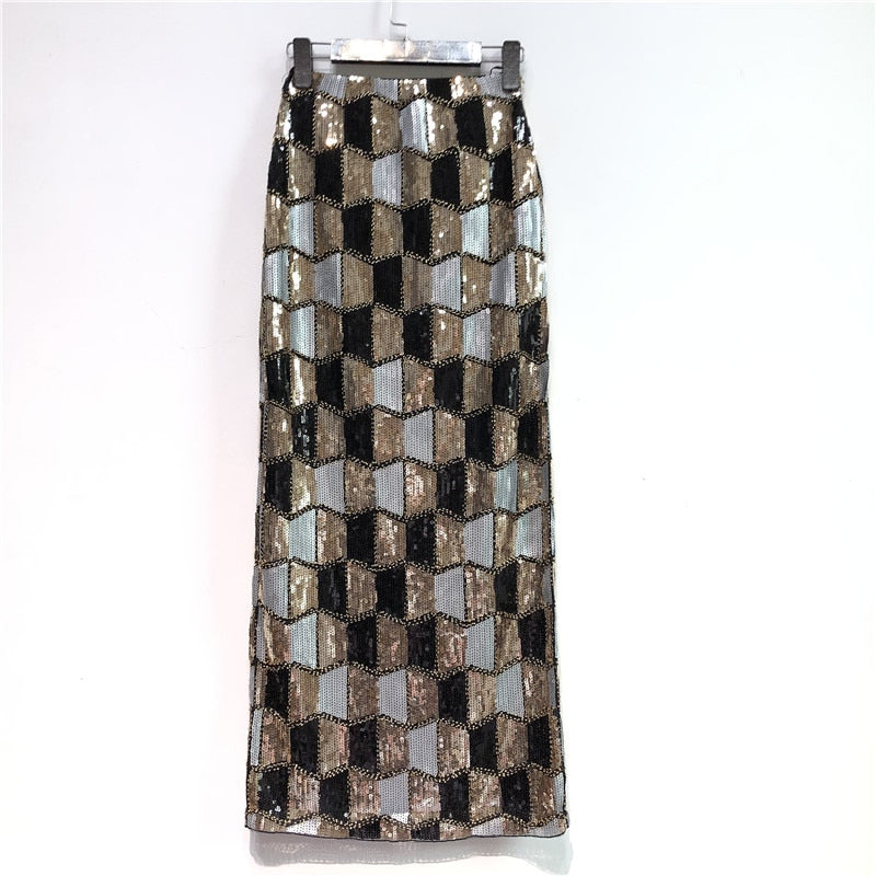 Cakucool Retro Sequined X Long Skirt Vintage Beading Empire Gold Silm Bodycon Runway Bohemian Back Slit Pencil Skirt