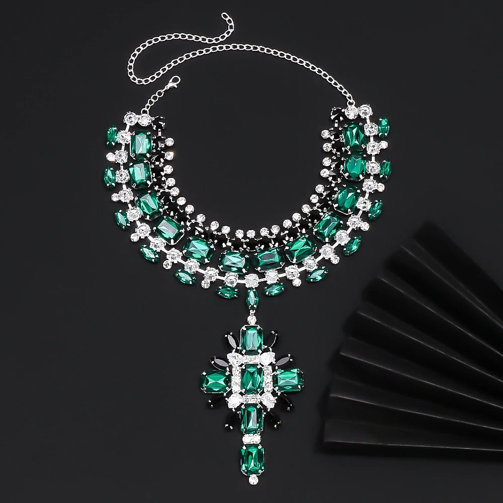 Rhinestone Cross Statement Necklace Set