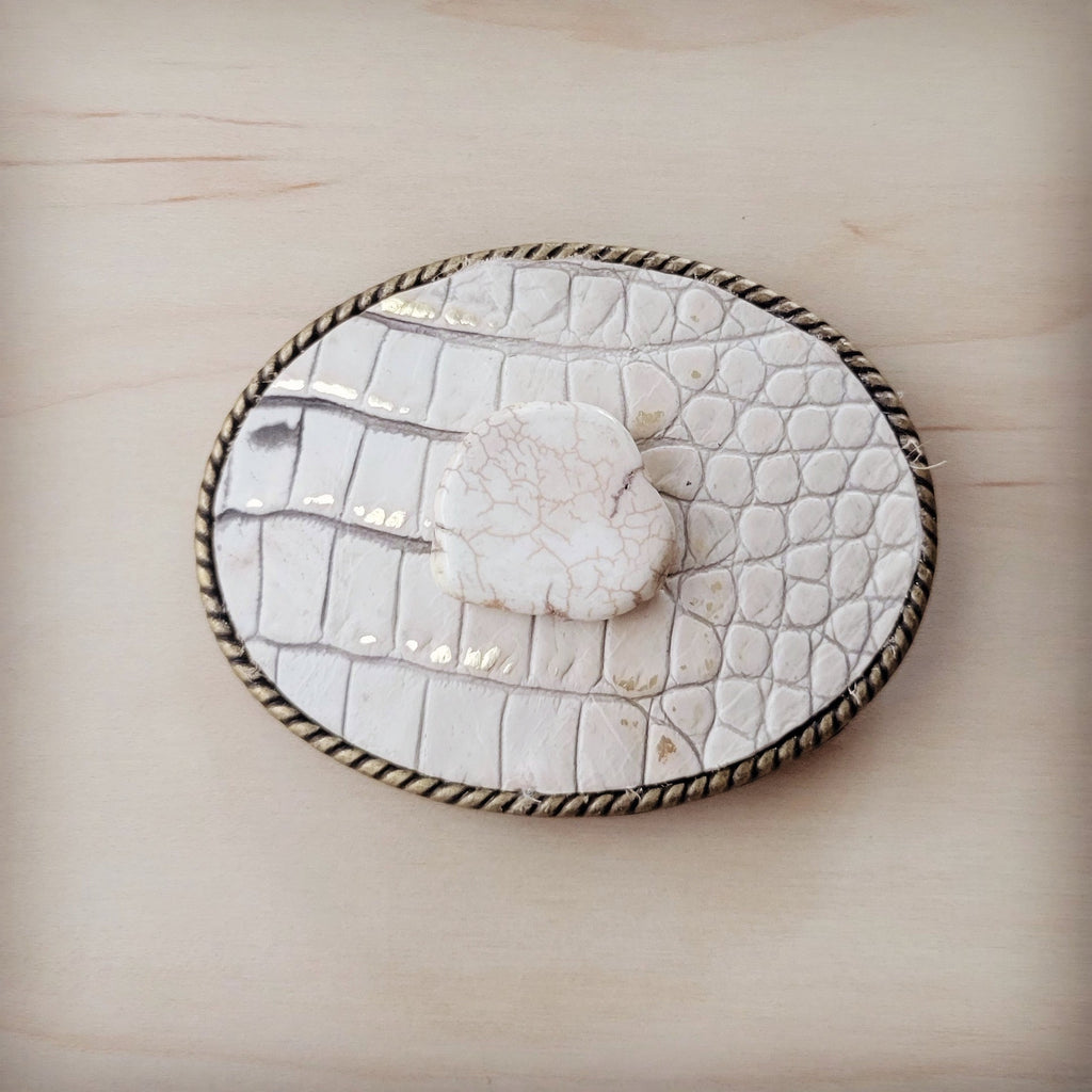 Rope Edge Gold Gator Leather Belt Buckle w/ White Turquoise 908g