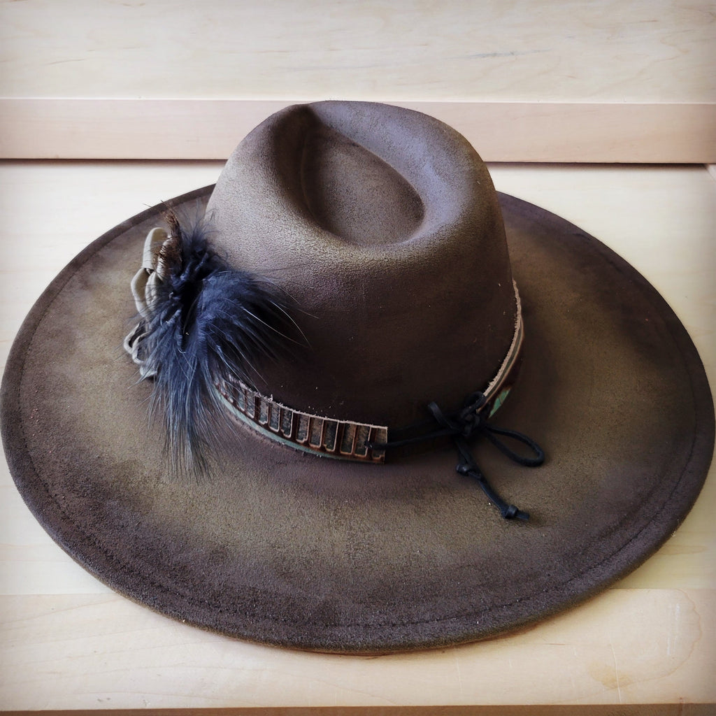 Hand-Painted Distressed Boho Western Cowgirl Hat & Band-Olive 987n