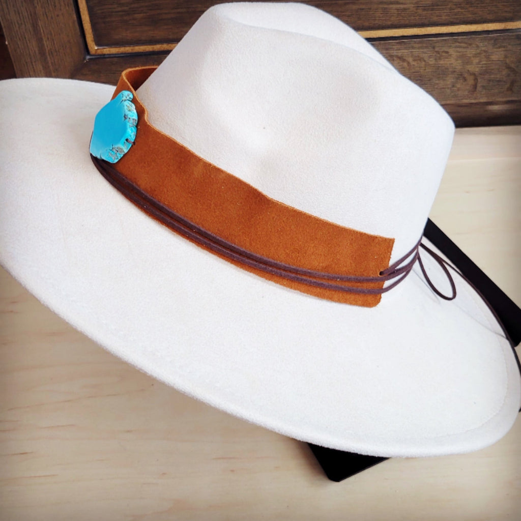 Wide Genuine Leather Tan Suede Hat Band w/ Turq 953r