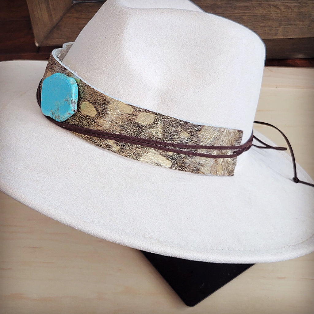 Wide Genuine Leather Mixed Metallic Hat Band w/ Turq 953t