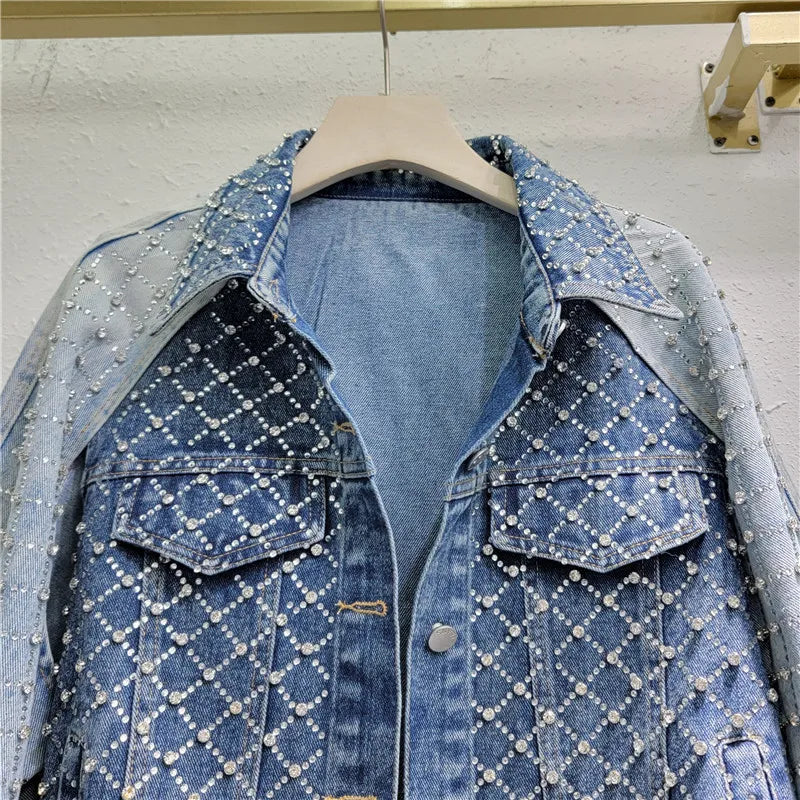 Women Hot Drilling Diamond Beads Retro Washed Denim Jacket Contrast Color Patchwork Rhinestone Jeans Coat Fake Two Piece Outwear