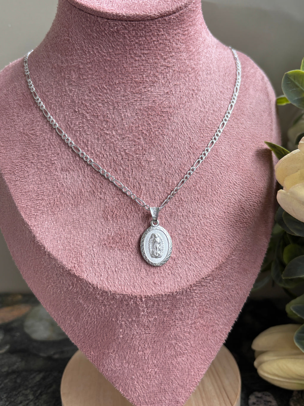 Virgin Mary Necklace sterling silver 925 | Figaro chain necklace 19”| Virgencita necklace