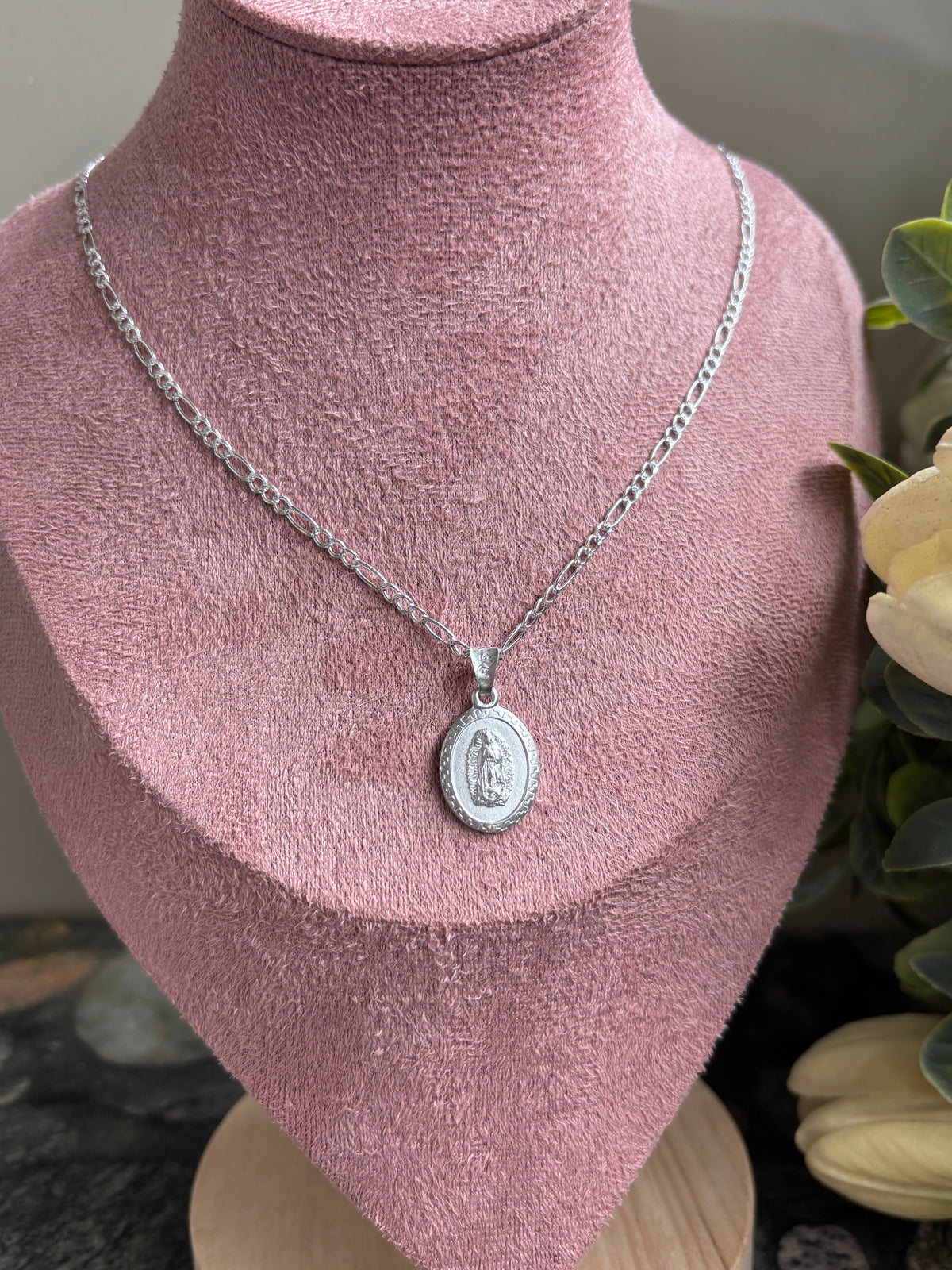 Virgin Mary Necklace sterling silver 925 | Figaro chain necklace 19”| Virgencita necklace