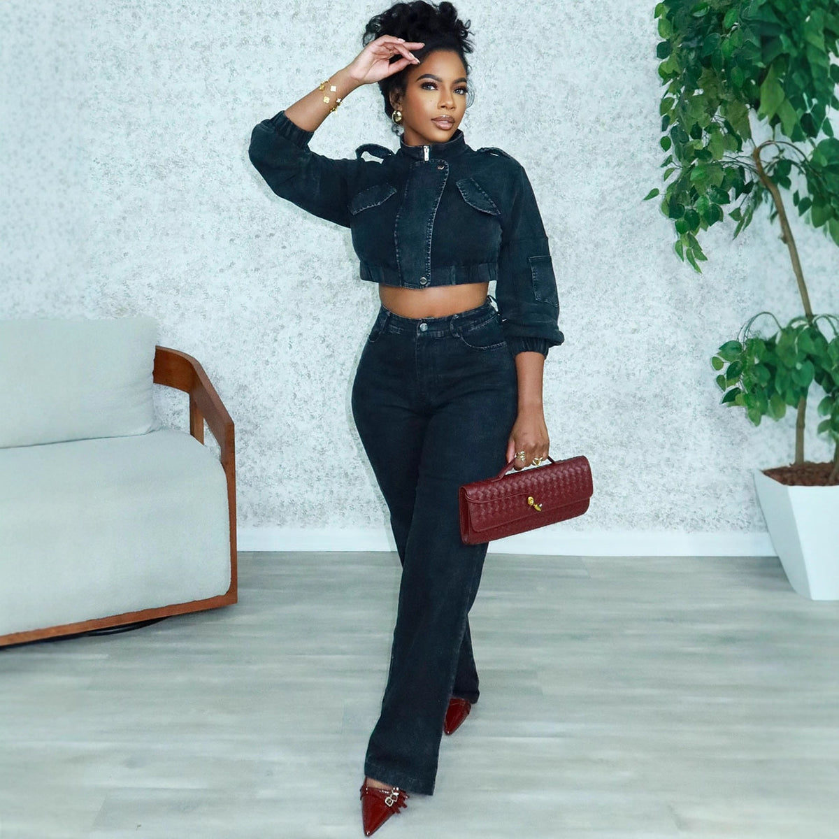 Black Cropped Denim Jacket & High-Waist Pants Set