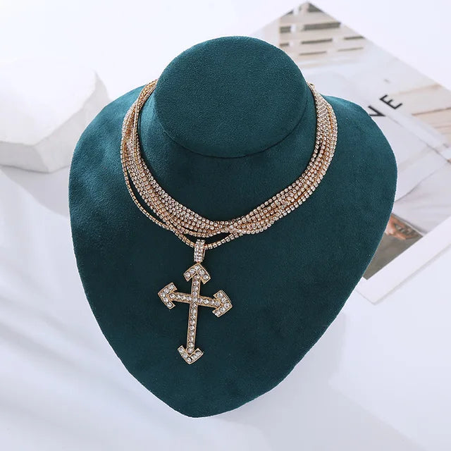Rhinestone Cross Statement Choker Necklace