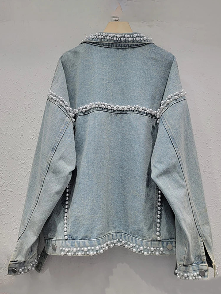Women's Denim Coat Washed Light Blue Perals Embroidered Flares Single Breasted Jackets  Autumn New Fashion