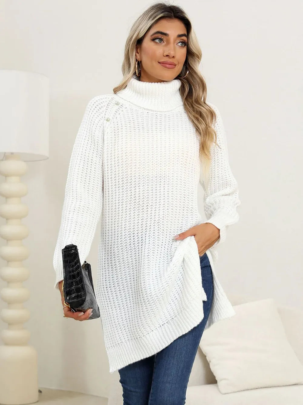 Slit Turtleneck Long-Sleeve Sweater