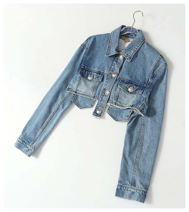 Deep Fried Street Pocket Bright Pink Short Tassel Denim Coat Motorcycle Jacket