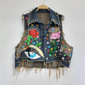 Vintage Lapel Single Breasted Sequin Diamond Flower Loose Contrasting Denim Vest Jackets Women Spring Summer