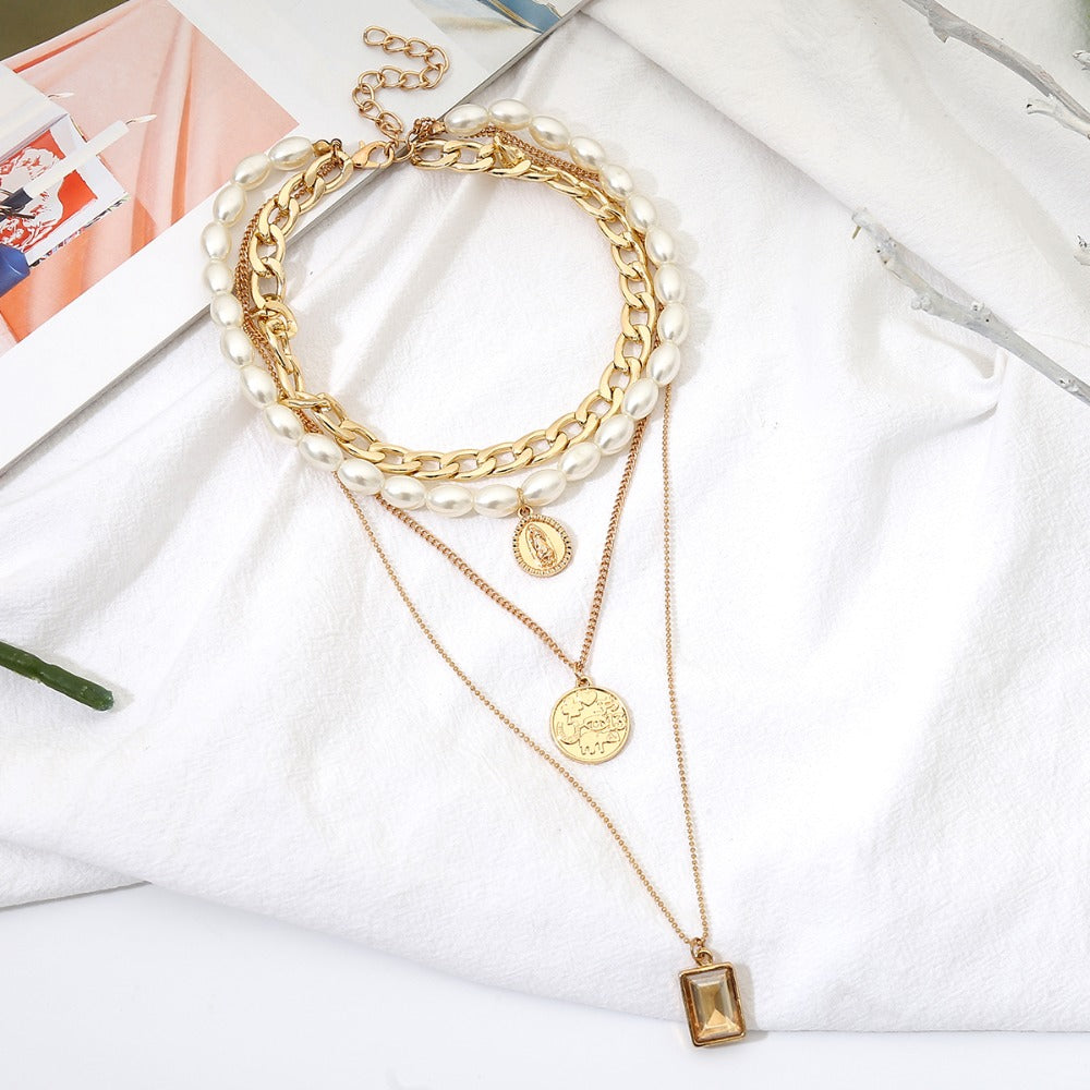 Layered Pearl & Crystal Coin Statement Choker