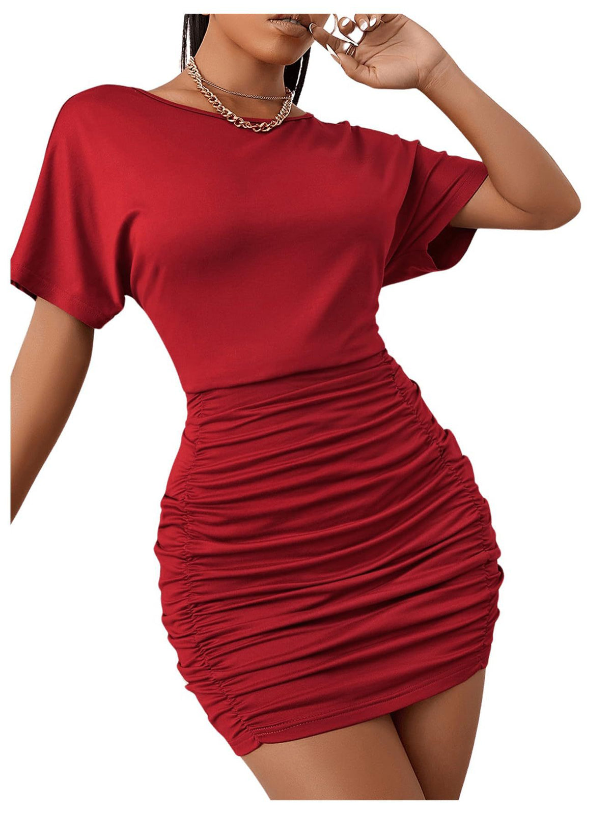 Sleeve Elegant Short Fitted Bodycon Dress with Ruched Waistline