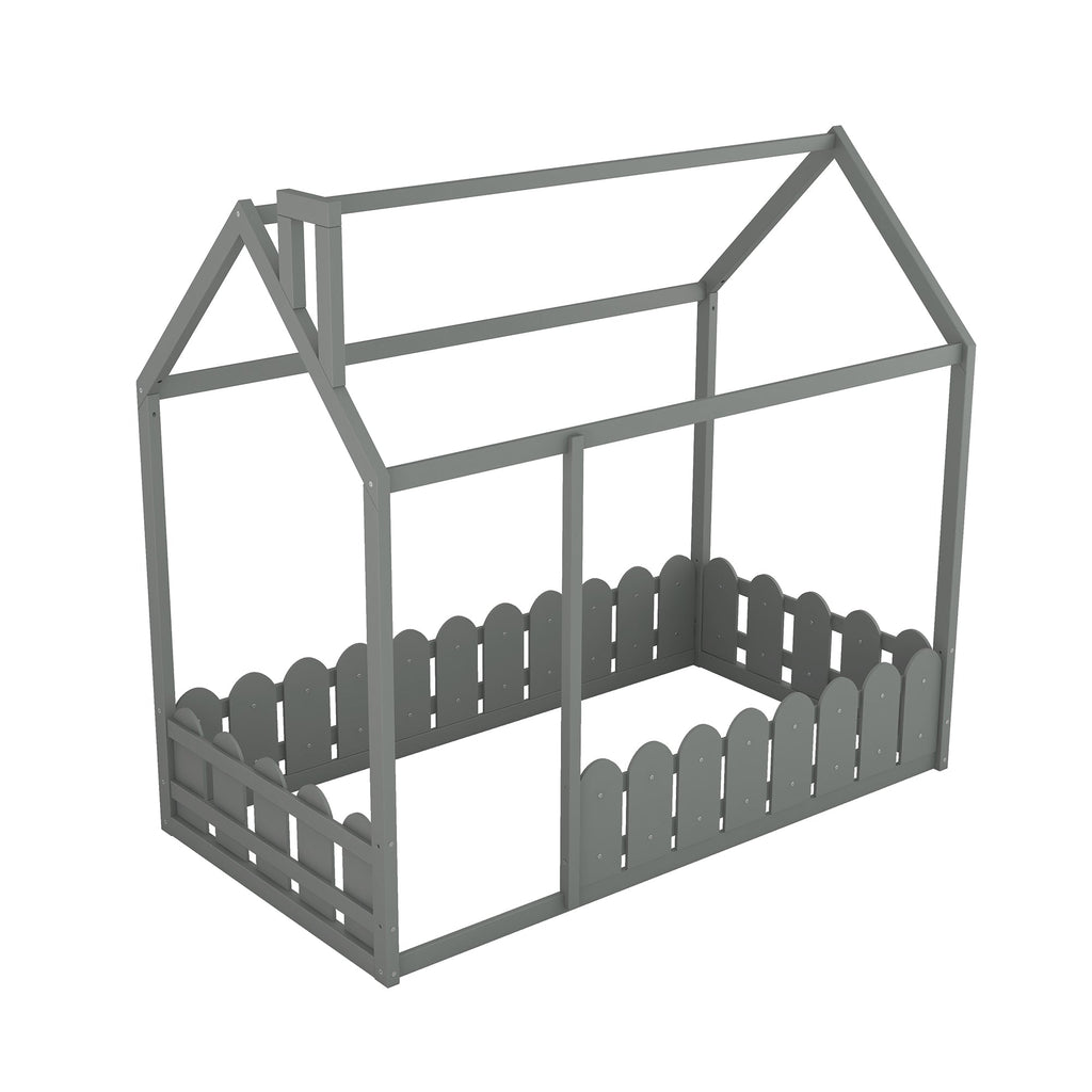 {Slats are not included}Twin Size Wood Bed House Bed Frame with Fence for Kids Teens Girls Boys {Gray}