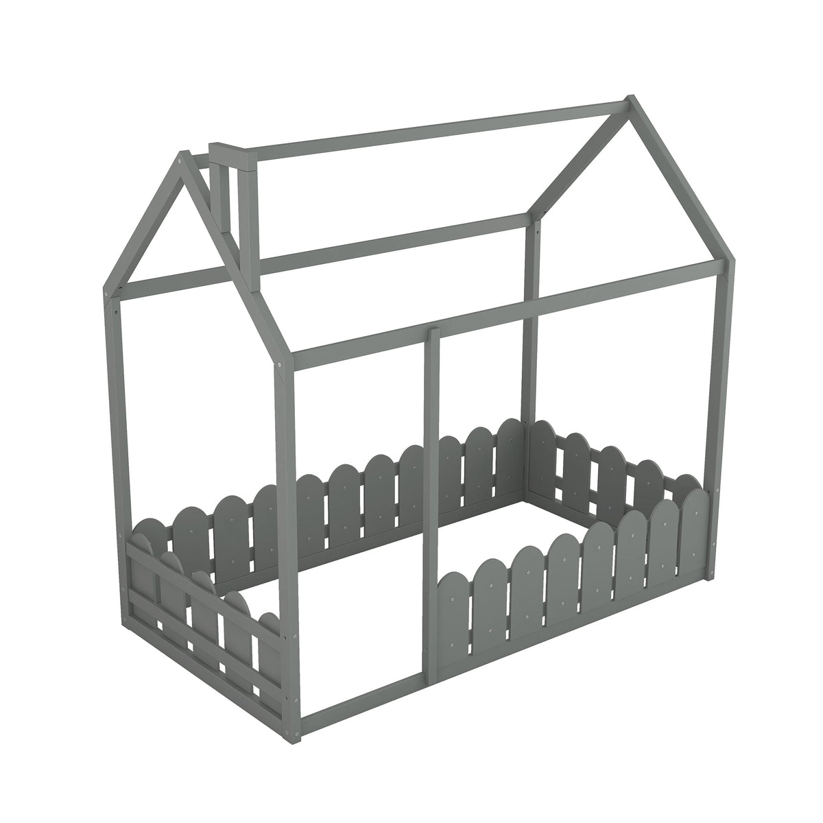 {Slats are not included}Twin Size Wood Bed House Bed Frame with Fence for Kids Teens Girls Boys {Gray}