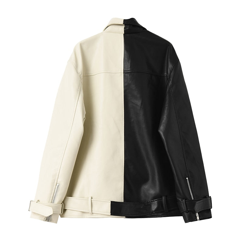 Black And White Stitching Contrast Color Motorcycle Leather Jacket Female Handsome Loose Short PU Leather Jacket Trendy