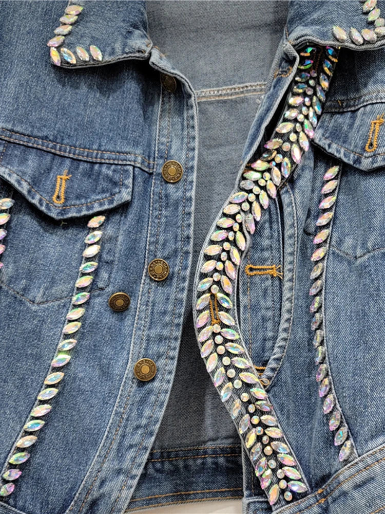 Women's Denim Coats Splicing Asymmetry Crystal Diamonds Single Breasted Female Jackets  Autumn New Fashion