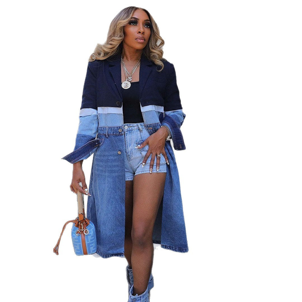 Style Color Block Medium Length Denim Trench Coat for Autumn and Winter