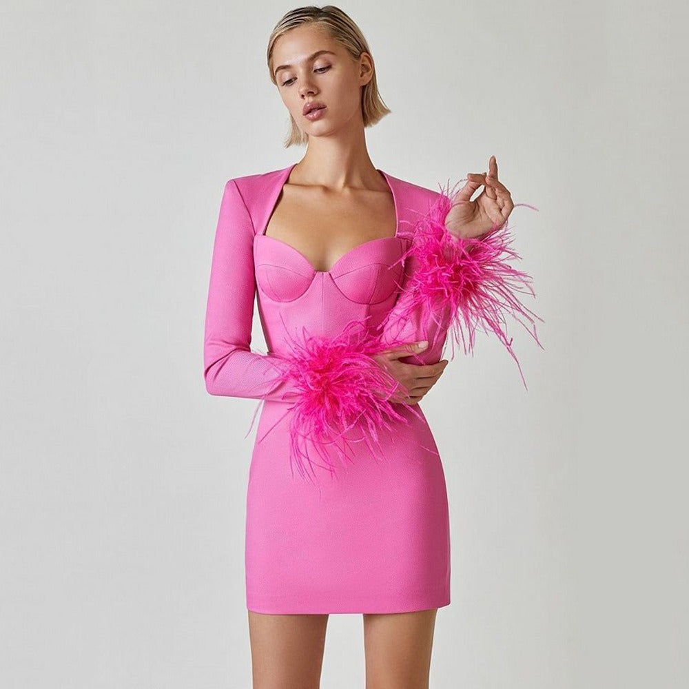 Women's Dress Spring New Style Bandage Dress Elegant Square Collar Feather Long Sleeve Celebrity Dress